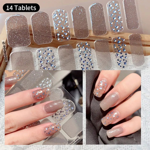 14Tips Semi-Cured Gel Nail Wraps Stickers Floristic Adhesive Pure Colors Full Cover Waterproof Solid Colors Sticker DIY Manicure