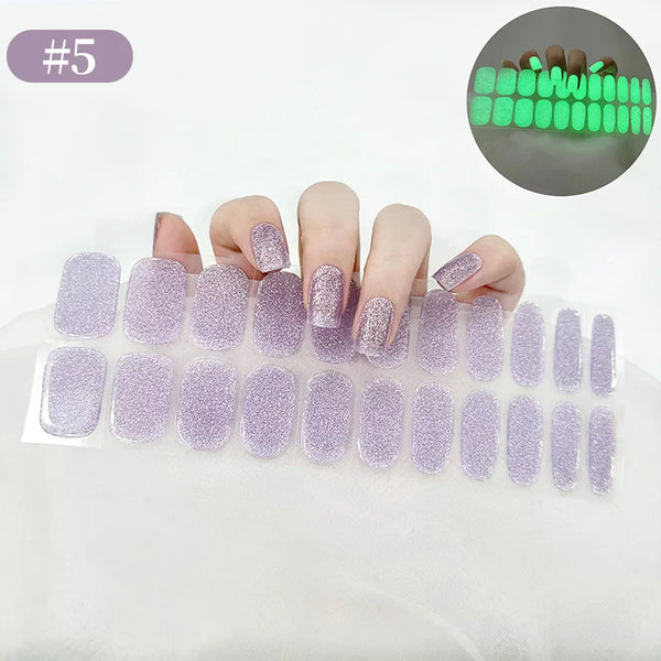 22Tips Gradient Colorful Semi-cured Gel Nail Strips Glitter Purple Luminous Full Cover Nail Gel Sticker Wraps Manicure
