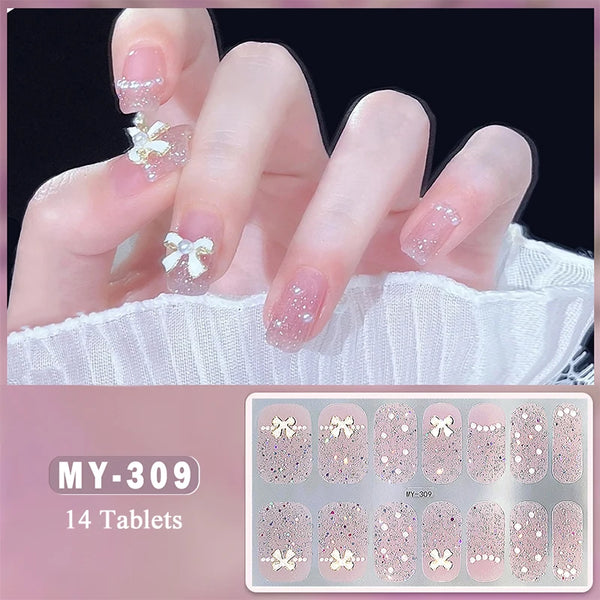 14Tips White Bowknot Nail Stickers Glitter Flowers Full Cover Nail Stickers Adhesive Press Decals DIY Manicure Arts Decals New