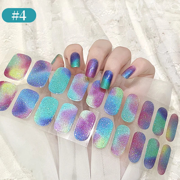 22Tips Gradient Colorful Semi-cured Gel Nail Strips Glitter Purple Luminous Full Cover Nail Gel Sticker Wraps Manicure