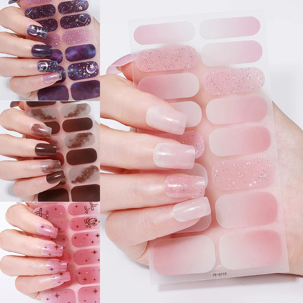 16Tips Nail Stickers Pink Purple Glitter French Style Solid Color Adhesive Full Cover Nail Strip Slider DIY Manicure Art Decals