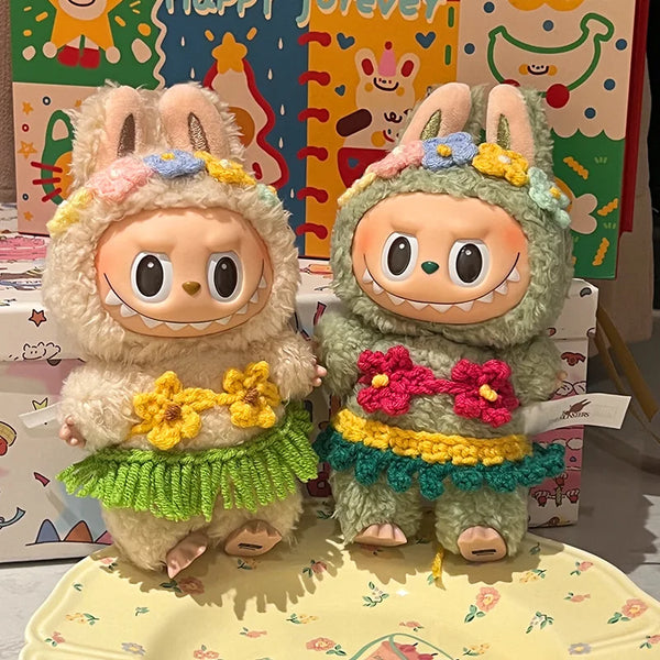 For 15/17cm 3.0 Labubu V1/v2/v3 Handmade Bikini Beach Sun Hat Headgear Set Hawaiian Grass Skirt Doll Clothes Doll Accessories