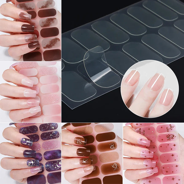 16Tips Nail Stickers Pink Purple Glitter French Style Solid Color Adhesive Full Cover Nail Strip Slider DIY Manicure Art Decals